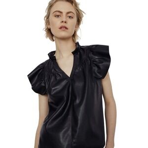 Melissa Nepton Black Faux Leather Ruffle Flutter Short Sleeve Button Top M